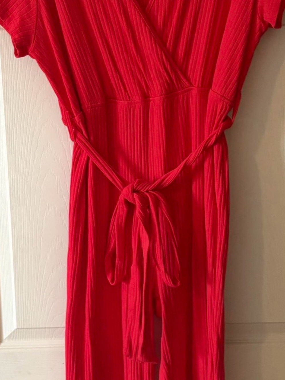 Red Ribbed Wrap Jumpsuit - Picture 2 of 2